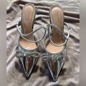 Stunning Silver Heels with Rhinestone Bow by